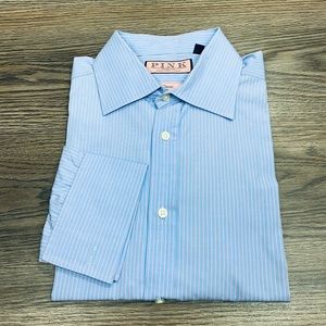 Thomas Pink Blue Stripe French Cuff Shirt 16.5